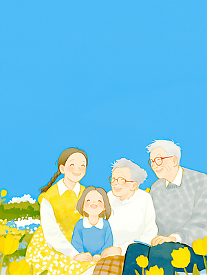 JPG 여자 노년 남자 행복 어린이 꽃밭 일러스트 가족 하늘 사랑 웃음 소녀 여러명 성인 파란색 안경낌 국내일러스트 AI일러스트 AI콘텐츠 꽃 감정 안경 컬러 다수 관계 표정 사람 파일형식
