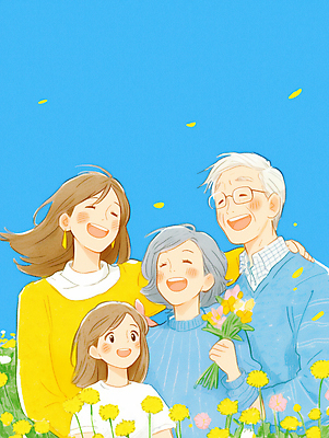 JPG 여자 노년 남자 행복 리본 어린이 꽃다발 일러스트 가족 하늘 사랑 웃음 들기 소녀 여러명 상반신 성인 파란색 안경낌 어깨에손 국내일러스트 AI일러스트 AI콘텐츠 꽃 감정 안경 컬러 다수 관계 모션 표정 사람 파일형식