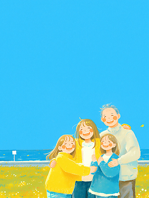 JPG 여자 노년 남자 행복 어린이 바다 일러스트 가족 포옹 하늘 사랑 웃음 소녀 잔디 여러명 성인 파란색 어깨에손 국내일러스트 AI일러스트 AI콘텐츠 식물 감정 컬러 다수 관계 안기 모션 표정 사람 파일형식