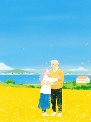 JPG 전신 여자 노년 남자 꽃 행복 바다 섬 일러스트 가족 포옹 하늘 주택 사랑 웃음 성인 두명 파란색 마을 안경낌 국내일러스트 AI일러스트 AI콘텐츠 식물 감정 안경 컬러 관계 안기 표정 사람 건물 파일형식