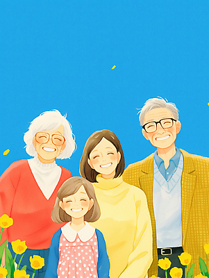 JPG 여자 노년 남자 꽃 행복 어린이 일러스트 가족 사랑 웃음 소녀 여러명 상반신 성인 파란색 안경낌 국내일러스트 AI일러스트 AI콘텐츠 식물 감정 안경 컬러 다수 관계 표정 사람 파일형식