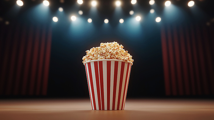 JPG 편집이미지 조명 사람없음 빨간색 빛 무대 커튼 영화관 극장 공연장 팝콘 먹거리 편집실사 AI컴퓨터그래픽 AI콘텐츠 음식 컬러 CG 파일형식