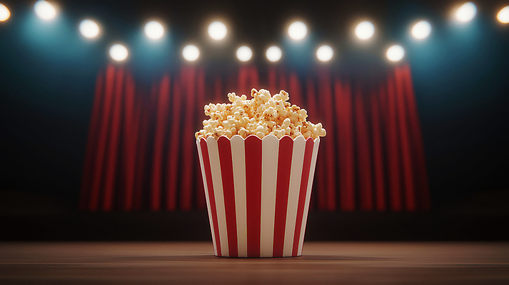 JPG 편집이미지 조명 사람없음 빨간색 빛 무대 커튼 영화관 극장 공연장 팝콘 먹거리 편집실사 AI컴퓨터그래픽 AI콘텐츠 음식 컬러 CG 파일형식