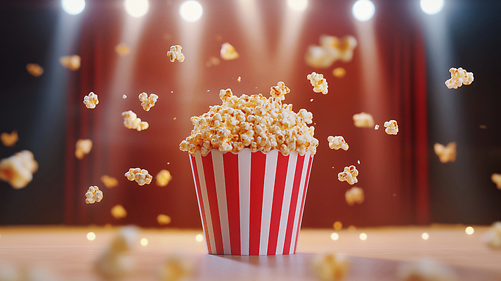 JPG 편집이미지 조명 사람없음 빨간색 빛 무대 커튼 영화관 극장 공연장 팝콘 먹거리 편집실사 AI컴퓨터그래픽 AI콘텐츠 음식 컬러 CG 파일형식