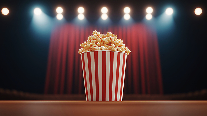 JPG 편집이미지 조명 사람없음 빨간색 빛 무대 커튼 영화관 극장 공연장 팝콘 먹거리 편집실사 AI컴퓨터그래픽 AI콘텐츠 음식 컬러 CG 파일형식