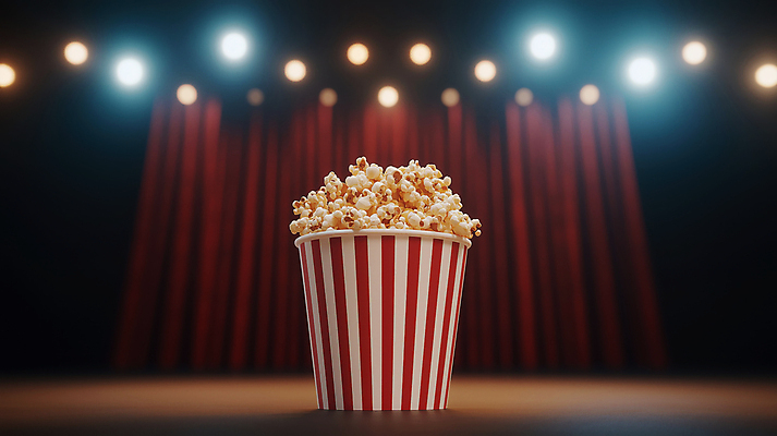 JPG 편집이미지 조명 사람없음 빨간색 빛 무대 커튼 영화관 극장 공연장 팝콘 먹거리 편집실사 AI컴퓨터그래픽 AI콘텐츠 음식 컬러 CG 파일형식