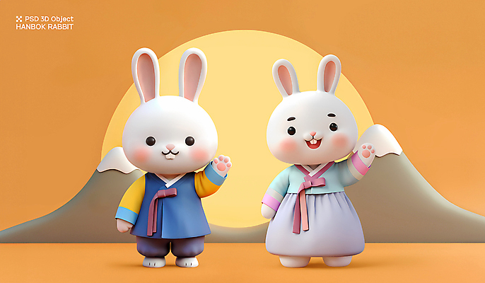 PSD 편집이미지 전통 커플 새해 3D캐릭터 사람없음 3D 추석 귀여움 주황색 한복 토끼캐릭터 손인사 편집3D 캐릭터 한국전통 명절 컬러 동물캐릭터 컨셉 관계 토끼 인사 전통의상 디지털합성 파일형식