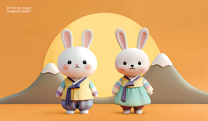 PSD 편집이미지 전통 커플 새해 산 3D캐릭터 사람없음 3D 추석 귀여움 주황색 한복 토끼캐릭터 편집3D 캐릭터 한국전통 명절 컬러 동물캐릭터 컨셉 관계 토끼 전통의상 디지털합성 파일형식
