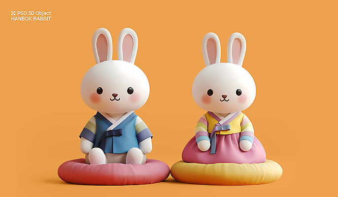PSD 편집이미지 전통 커플 새해 3D캐릭터 방석 앉기 사람없음 3D 추석 귀여움 주황색 한복 토끼캐릭터 편집3D 캐릭터 한국전통 명절 컬러 동물캐릭터 컨셉 관계 모션 토끼 전통의상 디지털합성 파일형식