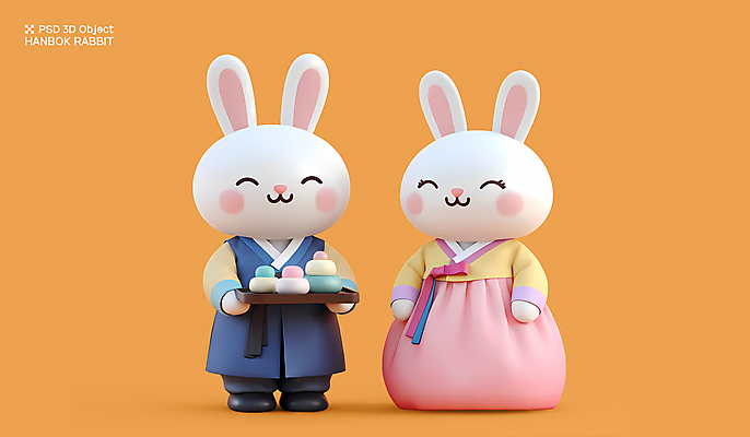 PSD 편집이미지 전통 커플 새해 떡 3D캐릭터 들기 사람없음 3D 추석 귀여움 주황색 한복 토끼캐릭터 나무쟁반 편집3D 캐릭터 한국전통 명절 컬러 동물캐릭터 컨셉 관계 모션 쟁반 목재 토끼 전통의상 디지털합성 파일형식
