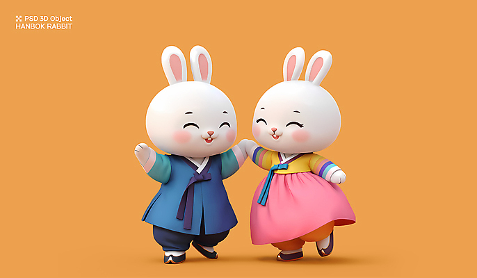PSD 편집이미지 전통 커플 새해 3D캐릭터 사람없음 3D 추석 귀여움 손잡기 주황색 춤 한복 토끼캐릭터 편집3D 캐릭터 한국전통 명절 컬러 동물캐릭터 컨셉 관계 모션 문화예술 토끼 전통의상 디지털합성 파일형식