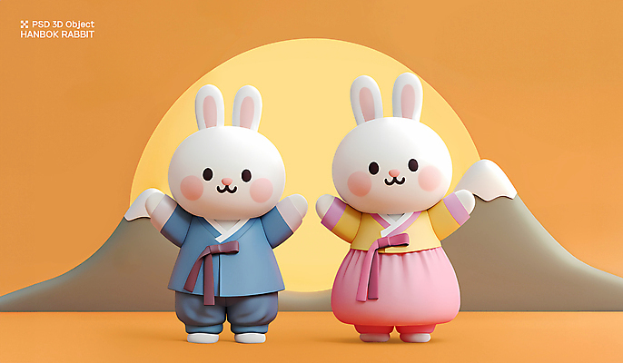PSD 편집이미지 전통 커플 새해 산 3D캐릭터 사람없음 3D 추석 귀여움 주황색 만세 한복 토끼캐릭터 편집3D 캐릭터 한국전통 명절 컬러 동물캐릭터 컨셉 관계 모션 토끼 전통의상 디지털합성 파일형식