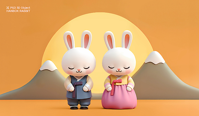 PSD 편집이미지 전통 커플 새해 3D캐릭터 사람없음 3D 추석 귀여움 주황색 인사 한복 토끼캐릭터 편집3D 캐릭터 한국전통 명절 컬러 동물캐릭터 컨셉 관계 토끼 예절 전통의상 디지털합성 파일형식