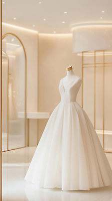 JPG 편집이미지 웨딩드레스 결혼 결혼식 실내 사람없음 전시 흰색 고급 우아함 마네킹 편집실사 AI포토 AI콘텐츠 드레스 컬러 컨셉 이벤트 내부 CG 파일형식
