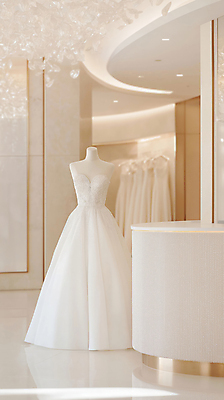 JPG 편집이미지 웨딩드레스 결혼 결혼식 실내 사람없음 전시 흰색 고급 우아함 마네킹 웨딩샵 세련 편집실사 AI포토 AI콘텐츠 드레스 컬러 컨셉 이벤트 내부 CG 파일형식