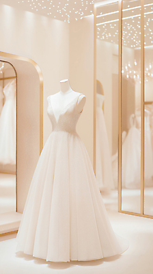 JPG 편집이미지 웨딩드레스 결혼 결혼식 조명 실내 사람없음 전시 흰색 화려 고급 우아함 마네킹 웨딩샵 편집실사 AI포토 AI콘텐츠 드레스 컬러 컨셉 이벤트 내부 CG 파일형식