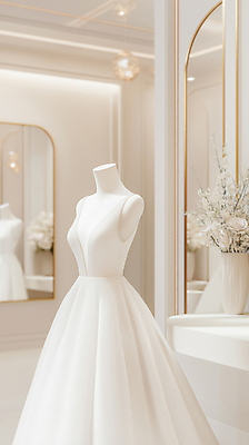 JPG 편집이미지 웨딩드레스 결혼 결혼식 실내 사람없음 전시 흰색 고급 우아함 마네킹 심플 웨딩샵 편집실사 AI포토 AI콘텐츠 드레스 컬러 컨셉 이벤트 내부 CG 파일형식