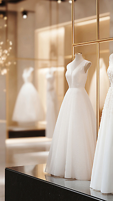 JPG 편집이미지 웨딩드레스 결혼 결혼식 실내 사람없음 전시 거울 흰색 고급 우아함 마네킹 웨딩샵 세련 편집실사 AI포토 AI콘텐츠 드레스 컬러 컨셉 이벤트 내부 CG 파일형식