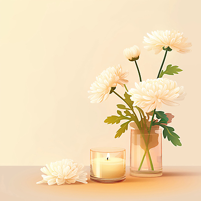 JPG 일러스트 촛불 잔 국화 따뜻함 사람없음 심플 베이지색 국내일러스트 AI일러스트 AI콘텐츠 식기 꽃 컬러 초 파일형식