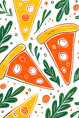 JPG 잎 패턴 일러스트 피자 사람없음 이탈리아음식 국내일러스트 AI일러스트 AI콘텐츠 식물 무늬 패스트푸드 서양음식 파일형식