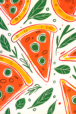 JPG 잎 패턴 일러스트 피자 사람없음 이탈리아음식 토핑 국내일러스트 AI일러스트 AI콘텐츠 식물 무늬 패스트푸드 서양음식 파일형식