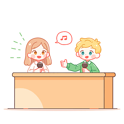 여자 교육 남자 어린이 말풍선 음표 일러스트 수업 대화 소녀 소년 상반신 두명 가리킴 토론 마이크 참여 어린이만 일러캐릭터 AI파일 캐릭터 기호 음악 음향기기 말하기 사람 손짓 파일형식 벡터