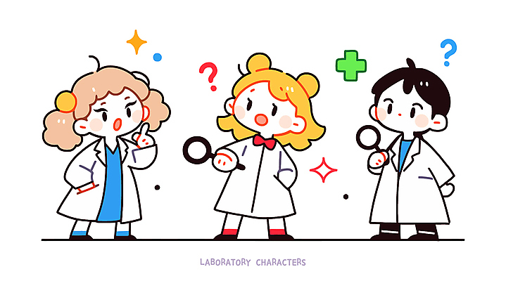 전신 여자 남자 어린이 인물캐릭터 일러스트 돋보기 직업캐릭터 실험 들기 소녀 소년 세명 귀여움 물음표 흰색 가리킴 가운 실험복 연구원 어린이만 일러캐릭터 AI파일 직업 캐릭터 기호 옷 컬러 컨셉 모션 사람 손짓 파일형식 벡터