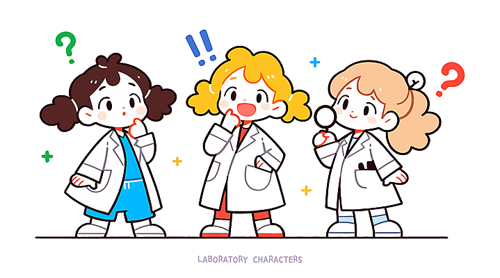 전신 여자 어린이 인물캐릭터 일러스트 직업캐릭터 실험 소녀 세명 귀여움 물음표 흰색 가운 실험복 느낌표 연구원 소녀만 일러캐릭터 AI파일 직업 캐릭터 기호 옷 컬러 컨셉 사람 여자만 어린이만 파일형식 벡터