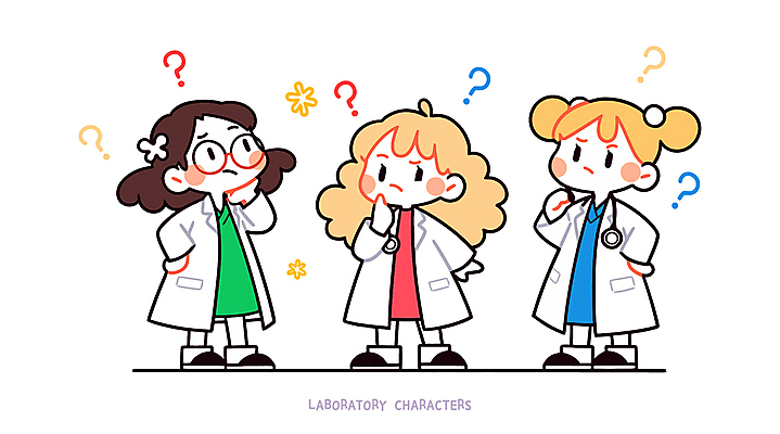 전신 여자 어린이 인물캐릭터 일러스트 직업캐릭터 실험 소녀 세명 귀여움 물음표 흰색 가운 실험복 연구원 고민 소녀만 일러캐릭터 AI파일 직업 캐릭터 기호 옷 감정 컬러 컨셉 사람 여자만 어린이만 파일형식 벡터