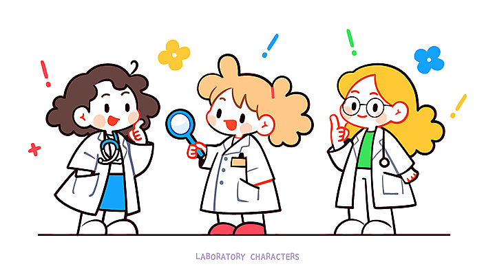 전신 여자 어린이 인물캐릭터 일러스트 직업캐릭터 실험 소녀 세명 귀여움 흰색 가리킴 가운 실험복 느낌표 연구원 주머니손 소녀만 일러캐릭터 AI파일 직업 캐릭터 기호 옷 컬러 컨셉 모션 사람 손짓 여자만 어린이만 파일형식 벡터