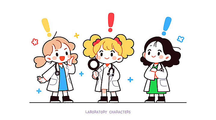 전신 여자 어린이 인물캐릭터 일러스트 돋보기 직업캐릭터 실험 소녀 세명 팔짱 귀여움 흰색 가운 실험복 느낌표 연구원 주머니손 소녀만 일러캐릭터 AI파일 직업 캐릭터 기호 옷 컬러 컨셉 모션 사람 여자만 어린이만 파일형식 벡터