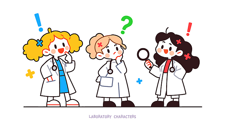 전신 여자 어린이 인물캐릭터 일러스트 돋보기 직업캐릭터 실험 들기 소녀 세명 귀여움 물음표 흰색 가운 실험복 느낌표 연구원 주머니손 소녀만 일러캐릭터 AI파일 직업 캐릭터 기호 옷 컬러 컨셉 모션 사람 여자만 어린이만 파일형식 벡터