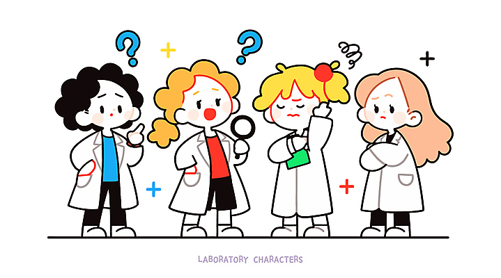 전신 여자 남자 어린이 인물캐릭터 일러스트 돋보기 직업캐릭터 실험 들기 소녀 소년 여러명 귀여움 물음표 흰색 가운 실험복 연구원 고민 주머니손 어린이만 일러캐릭터 AI파일 직업 캐릭터 기호 옷 감정 컬러 다수 컨셉 모션 사람 파일형식 벡터