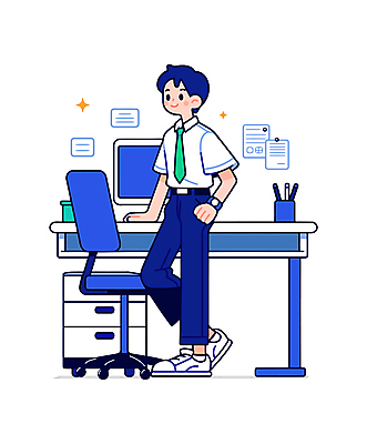 전신 남자 의자 일러스트 한명 서기 미소 정장 성인 파란색 반짝임 컴퓨터 필기구 손들기 메모지 업무 비즈니스맨 책상 서랍장 성인남자한명만 일러캐릭터 AI파일 캐릭터 1 옷 컬러 가구 비즈니스 모션 문구용품 표정 사람 전자제품 사무용품 작업 직장인 남자한명만 성인남자만 파일형식 벡터