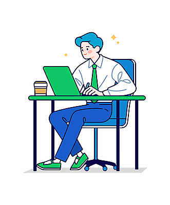 전신 남자 의자 일러스트 한명 미소 들기 앉기 성인 연두색 파란색 노트북 반짝임 펜 업무 비즈니스맨 책상 테이크아웃컵 성인남자한명만 일러캐릭터 AI파일 캐릭터 1 컬러 가구 비즈니스 모션 표정 사람 컵 초록색 전자제품 필기구 작업 직장인 남자한명만 성인남자만 파일형식 벡터