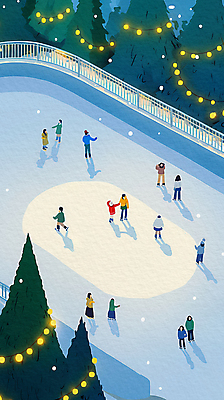 PSD 나무 여자 남자 어린이 겨울 일러스트 새해 여러명 성인 스케이트 야간 감성 아이스링크 알전구 눈내림 국내일러스트 자연요소 식물 계절 스포츠용품 다수 컨셉 전구 눈_날씨 사람 파일형식