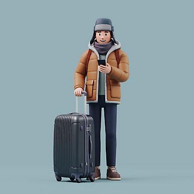 전신 PSD 편집이미지 모자 남자 3D캐릭터 한명 서기 미소 들기 성인 파란색 스마트폰 3D 캐리어 목도리 잡기 겨울여행 성인남자한명만 편집3D 캐릭터 1 잡화 컬러 여행 겨울 모션 표정 사람 핸드폰 스마트기기 여행가방 디지털합성 남자한명만 성인남자만 파일형식