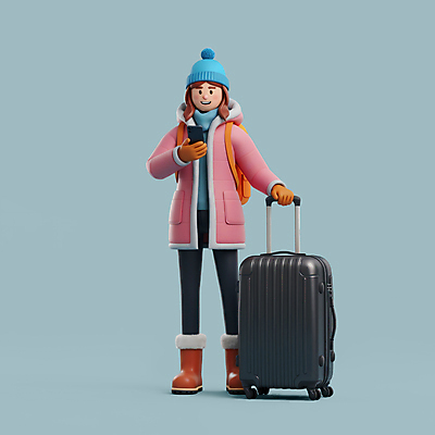 전신 PSD 편집이미지 여자 배낭 털모자 3D캐릭터 한명 서기 미소 들기 성인 파란색 스마트폰 3D 캐리어 목도리 잡기 겨울여행 성인여자한명만 편집3D 캐릭터 모자_잡화 1 잡화 컬러 여행 겨울 가방 모션 표정 사람 핸드폰 스마트기기 여행가방 디지털합성 여자한명만 성인여자만 파일형식