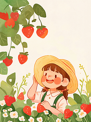 JPG 전신 모자 여자 꽃 어린이 일러스트 딸기 한명 미소 웃음 들기 소녀 잡기 체험 딸기따기 소녀한명만 국내일러스트 AI일러스트 AI콘텐츠 식물 1 잡화 컨셉 과일 모션 표정 사람 여자한명만 소녀만 파일형식