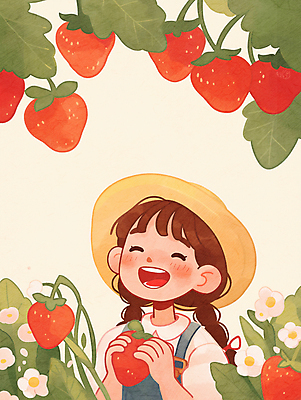 JPG 전신 모자 여자 꽃 어린이 일러스트 딸기 한명 미소 웃음 들기 소녀 체험 딸기따기 소녀한명만 국내일러스트 AI일러스트 AI콘텐츠 식물 1 잡화 컨셉 과일 모션 표정 사람 여자한명만 소녀만 파일형식