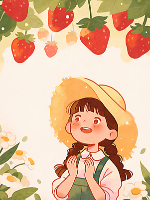 JPG 전신 모자 여자 꽃 어린이 일러스트 딸기 한명 미소 웃음 소녀 손들기 체험 딸기따기 소녀한명만 국내일러스트 AI일러스트 AI콘텐츠 식물 1 잡화 컨셉 과일 모션 표정 사람 여자한명만 소녀만 파일형식