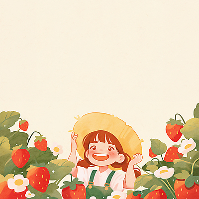 JPG 전신 모자 여자 꽃 어린이 일러스트 딸기 한명 미소 웃음 소녀 손들기 체험 딸기따기 소녀한명만 국내일러스트 AI일러스트 AI콘텐츠 식물 1 잡화 컨셉 과일 모션 표정 사람 여자한명만 소녀만 파일형식
