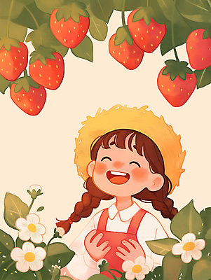 JPG 전신 모자 여자 꽃 어린이 일러스트 딸기 한명 미소 웃음 소녀 손들기 체험 딸기따기 소녀한명만 국내일러스트 AI일러스트 AI콘텐츠 식물 1 잡화 컨셉 과일 모션 표정 사람 여자한명만 소녀만 파일형식