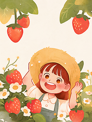 JPG 전신 모자 여자 꽃 어린이 일러스트 딸기 한명 미소 웃음 소녀 손들기 체험 딸기따기 소녀한명만 국내일러스트 AI일러스트 AI콘텐츠 식물 1 잡화 컨셉 과일 모션 표정 사람 여자한명만 소녀만 파일형식