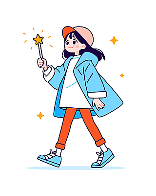 전신 모자 여자 어린이 하늘색 일러스트 한명 미소 들기 소녀 반짝임 걷기 희망 별막대기 소녀한명만 일러캐릭터 AI파일 캐릭터 1 잡화 감정 모션 표정 사람 파란색 막대기 여자한명만 소녀만 파일형식 벡터