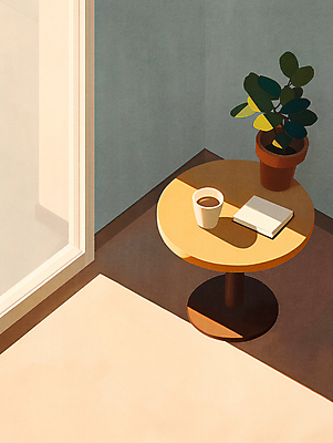 PSD 식물 화분 여유 커피 일러스트 탁자 휴식 그림자 사람없음 책 햇빛 편안함 창가 베이지색 국내일러스트 감정 음료 컬러 가구 컨셉 창문 태양 감각 파일형식