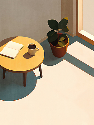 PSD 화분 여유 커피 일러스트 탁자 휴식 그림자 사람없음 책 햇빛 편안함 창가 베이지색 국내일러스트 감정 음료 컬러 가구 컨셉 창문 태양 감각 파일형식