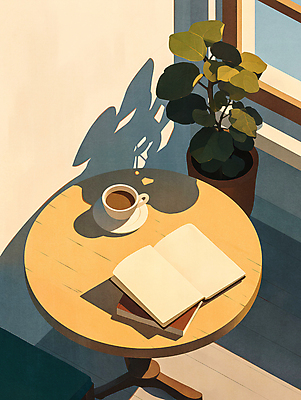 PSD 식물 화분 여유 커피 일러스트 탁자 휴식 그림자 사람없음 책 햇빛 편안함 창가 베이지색 국내일러스트 감정 음료 컬러 가구 컨셉 창문 태양 감각 파일형식