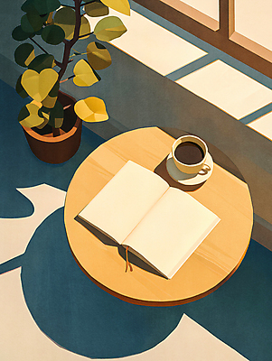 PSD 식물 화분 여유 커피 일러스트 탁자 휴식 그림자 사람없음 책 햇빛 편안함 창가 베이지색 국내일러스트 감정 음료 컬러 가구 컨셉 창문 태양 감각 파일형식