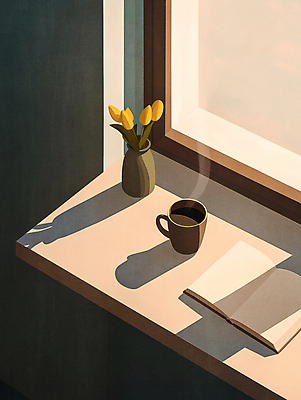 PSD 꽃 화분 여유 커피 일러스트 탁자 휴식 그림자 사람없음 책 햇빛 편안함 창가 꽃봉오리 베이지색 국내일러스트 식물 감정 음료 컬러 가구 컨셉 창문 태양 감각 파일형식